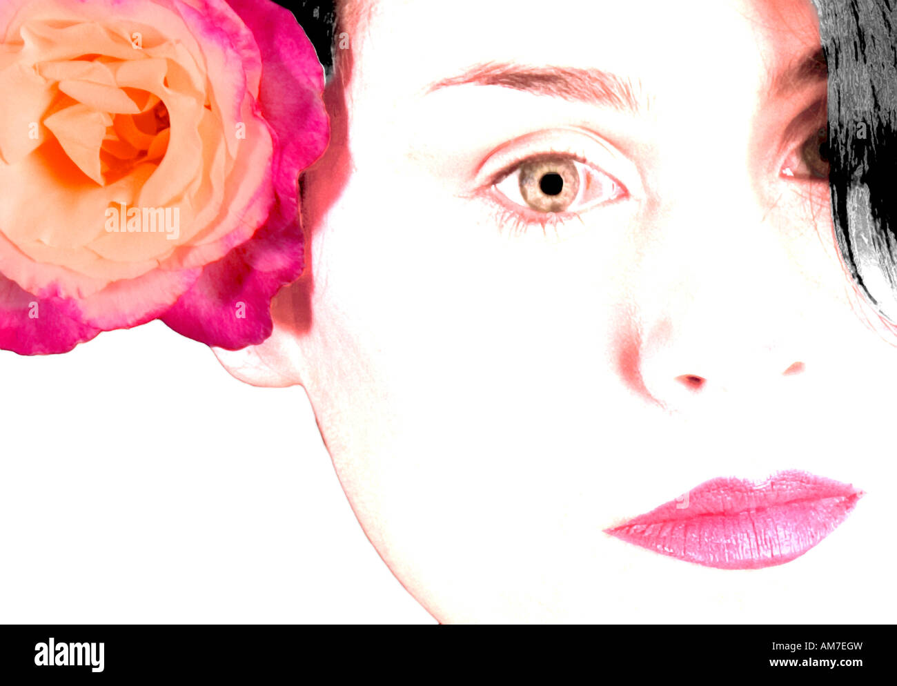 Cerrar cara foto de una linda chica mexicana con Rosa roja Fotografía