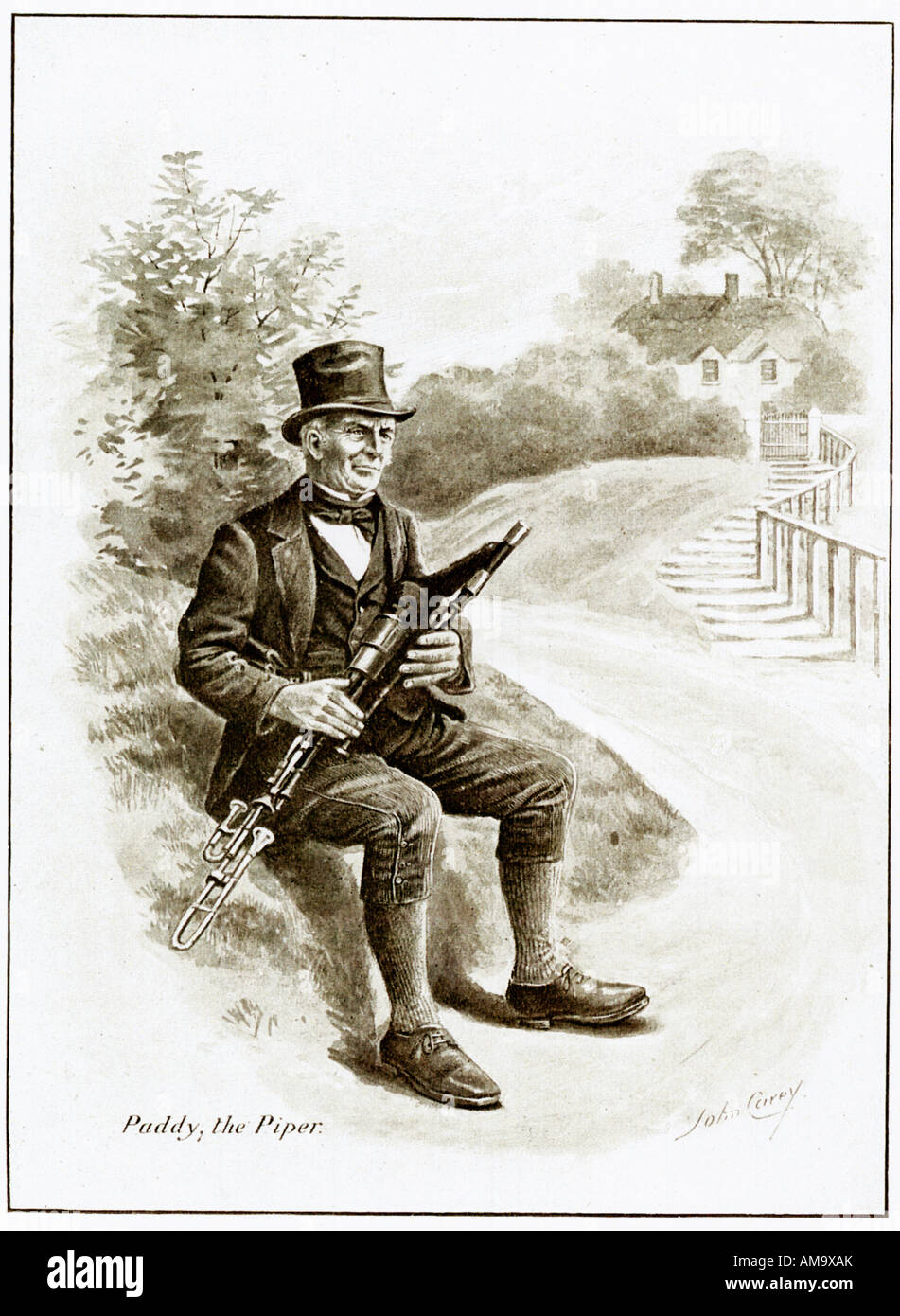 El piper Paddy Edwardian ilustración de un músico irlandés descansando al lado de la carretera Foto de stock