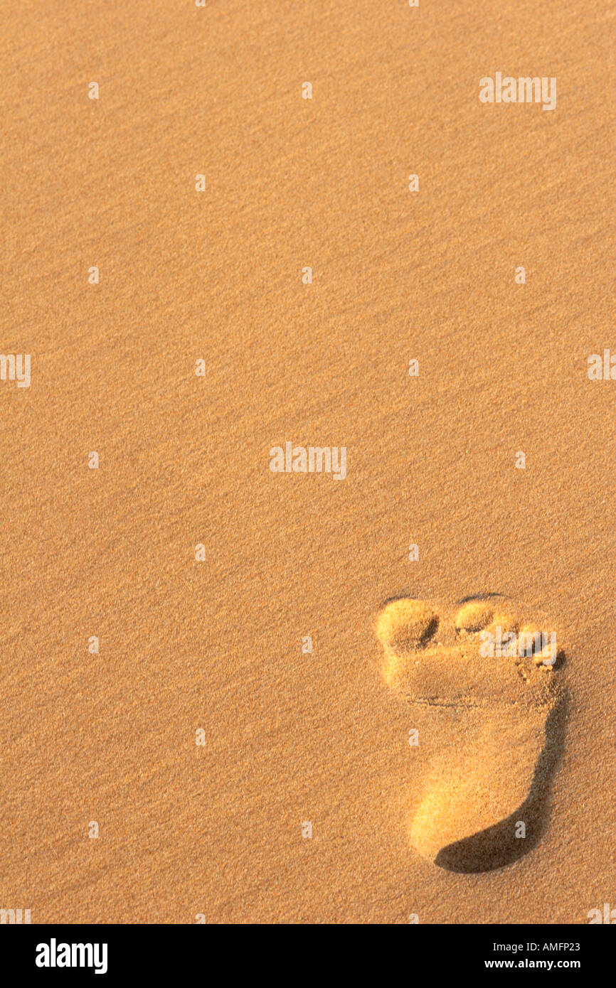 Huella en la playa de arena vertical Foto de stock
