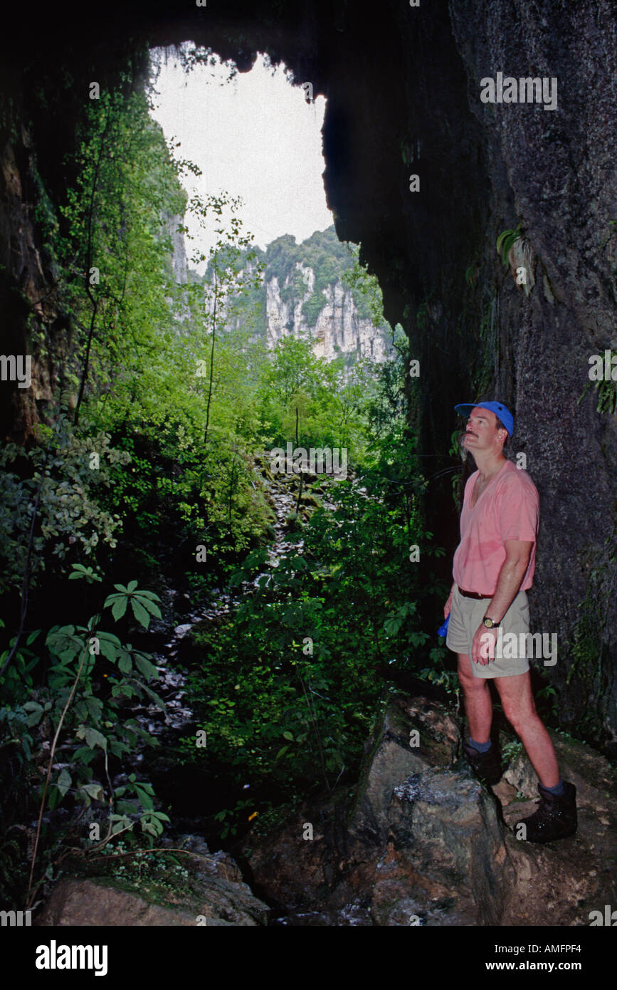 ROBERT BOSCH explora el zorro cueva encontrada en el bosque lluvioso del Fox River Valley cerca en PUNAKAIKI, Isla del Sur, Nueva Zelanda Foto de stock