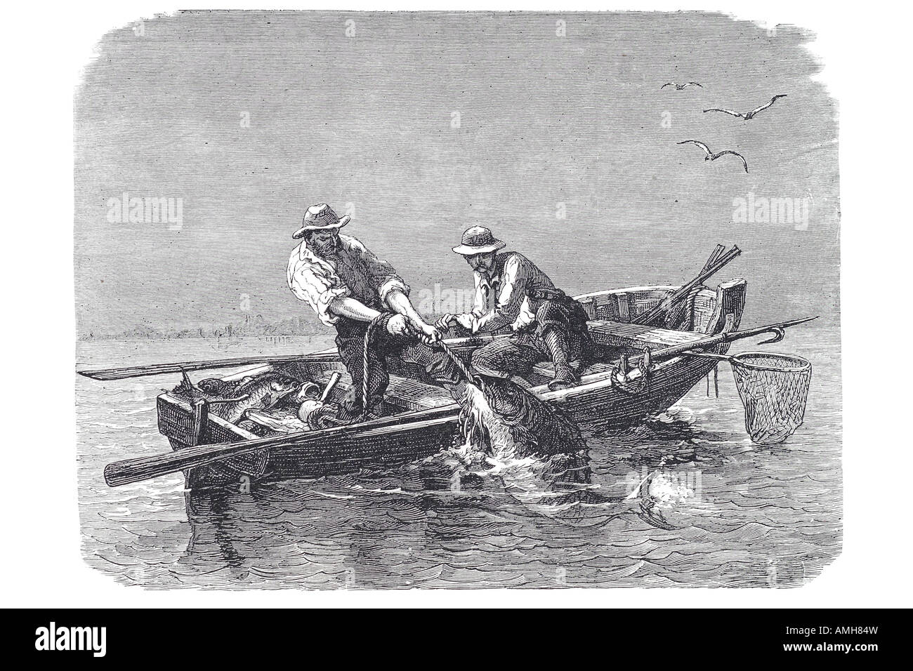 Transporte en bote a remo peces tambor pescador pescadores atrapan fresh net hook line Foto de stock