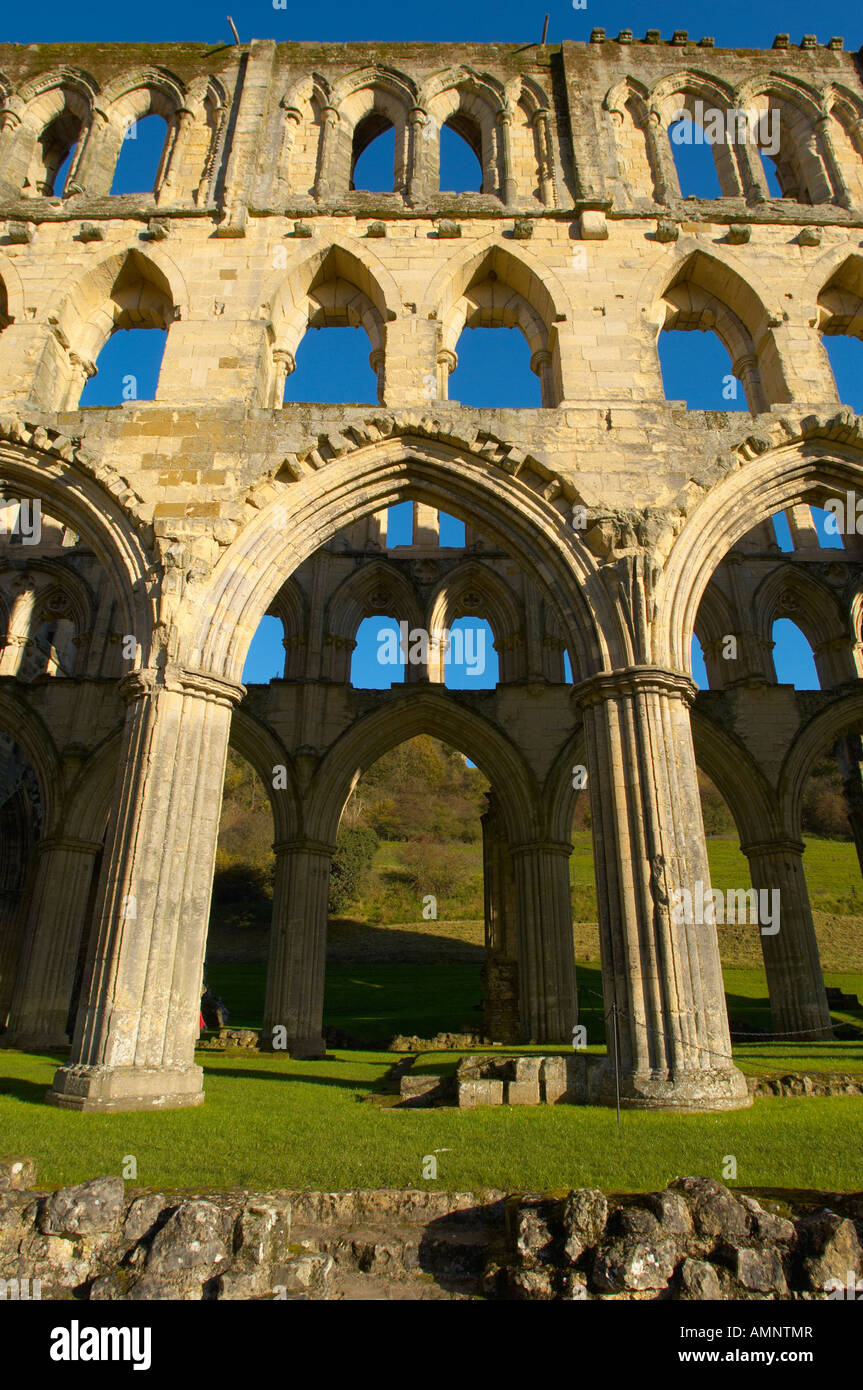 Pasillo principal con arcos y ventanas góticas, Rievaulx Abbey, el Parque Nacional de North Yorkshire, Inglaterra Foto de stock