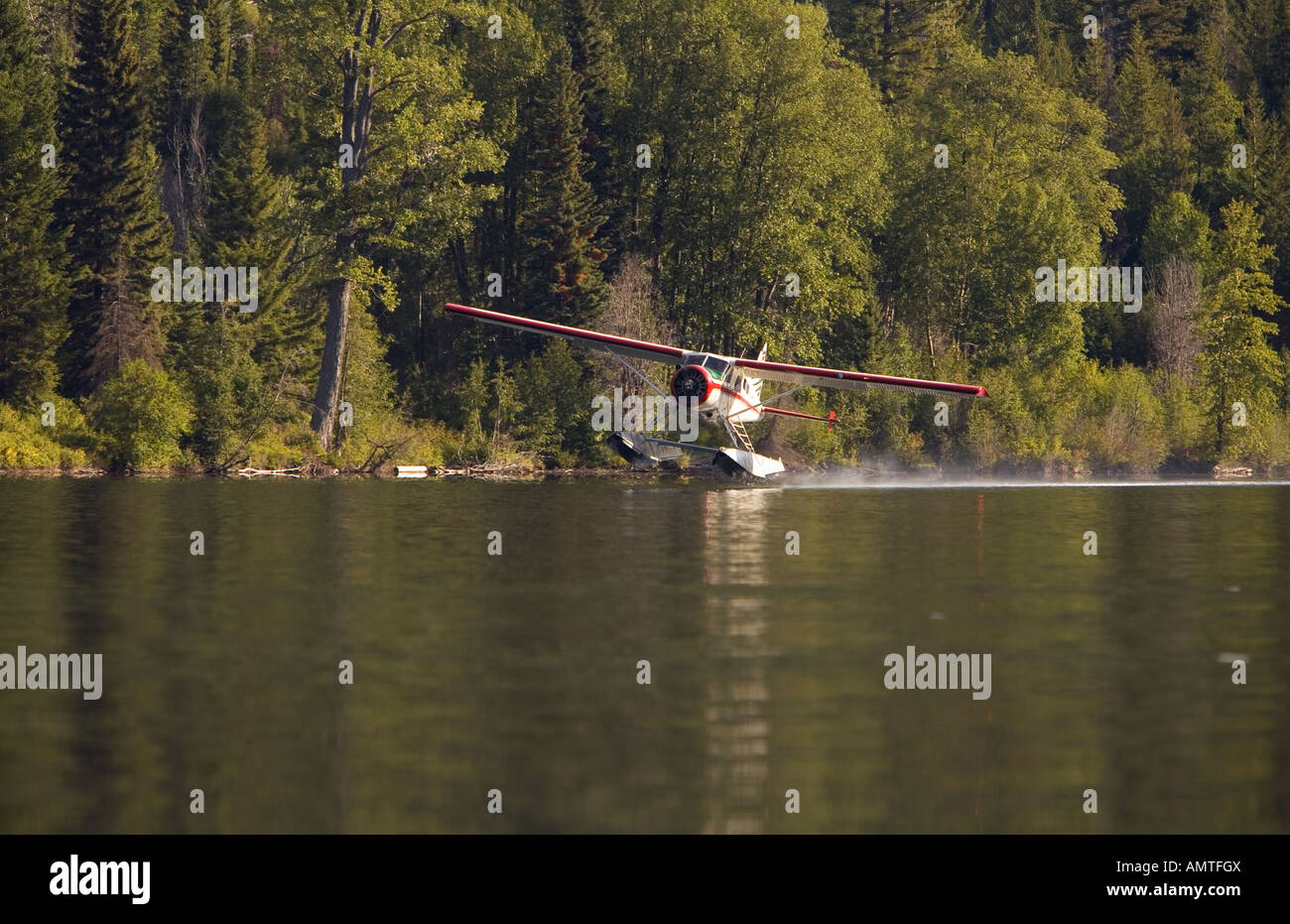 Hidroavión aterrizando en un remoto lago montañas Chilcotin British Columbia Canadá Foto de stock