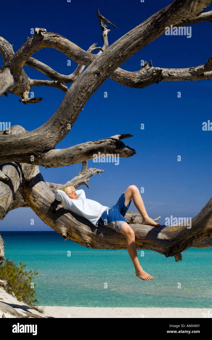 Niño de 13 años de edad en la Playa Saleccia tumbado sobre un tronco, Francia, Córcega Foto de stock