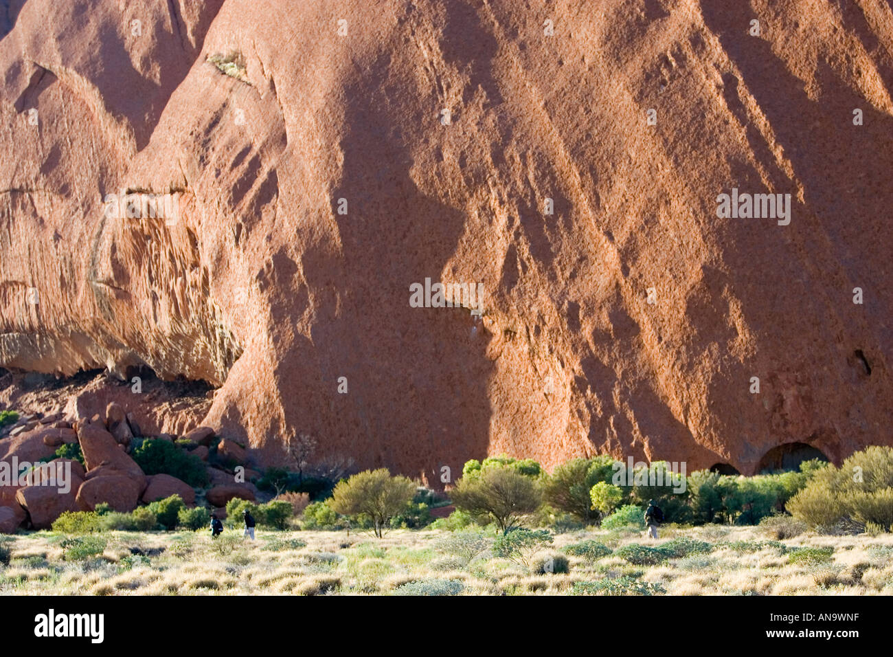 Los turistas en la base del Uluru Ayers Rock Australia Foto de stock