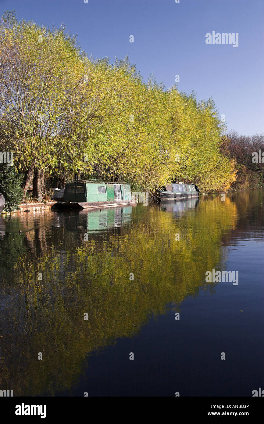 Reino Unido, Inglaterra, Londres, Kensal Green, el Gran Canal de la Unión con barcos estrechos amarrados Foto de stock