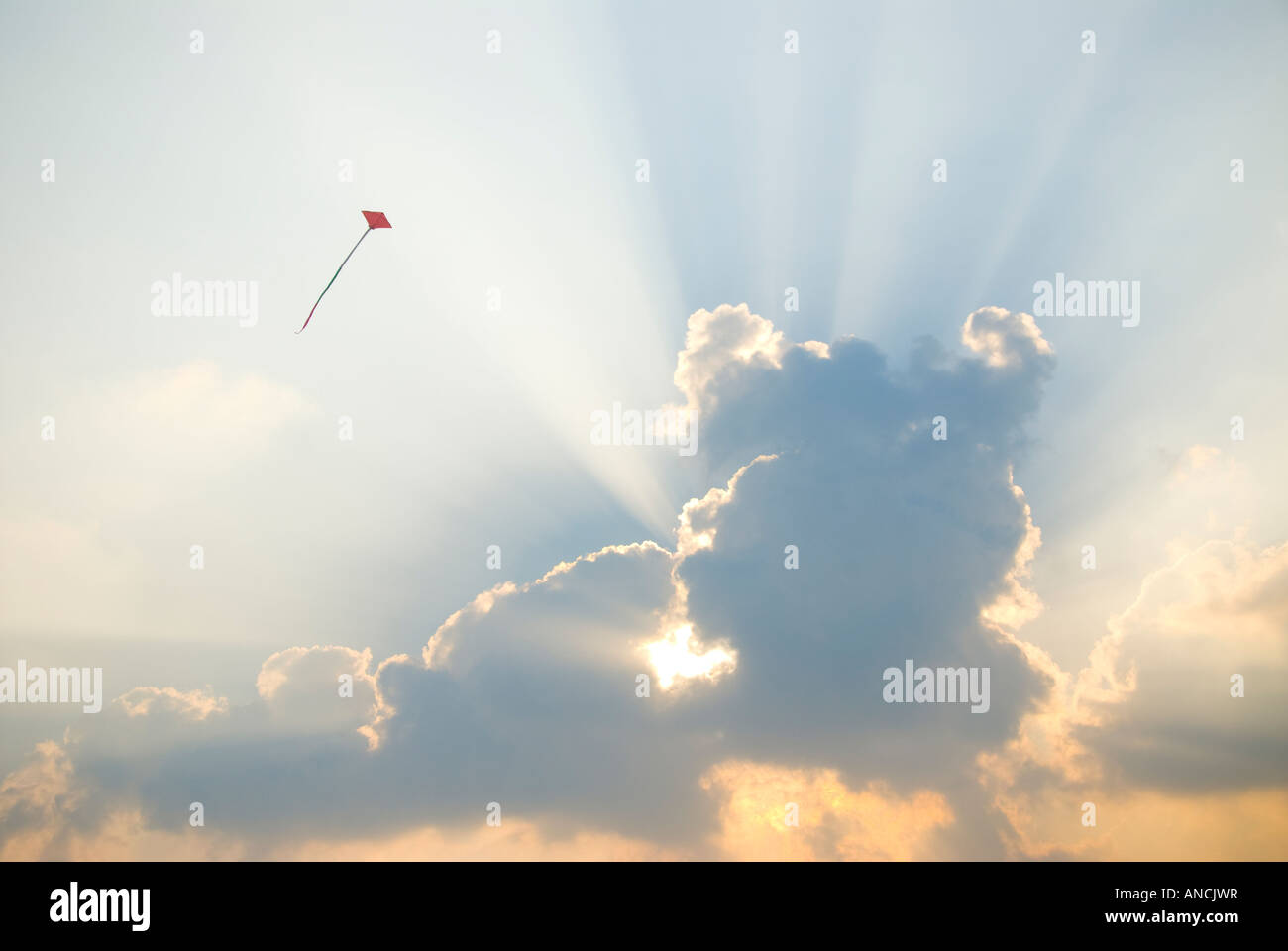 Un vuelo de cometas rojo delante de una nube Foto de stock