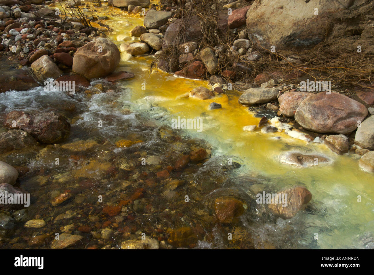 Cargados de minerales en el agua que fluye desde el Nankoweap Kwagunt Creek Butte en el Parque Nacional del Gran Cañón, Arizona, Estados Unidos Foto de stock