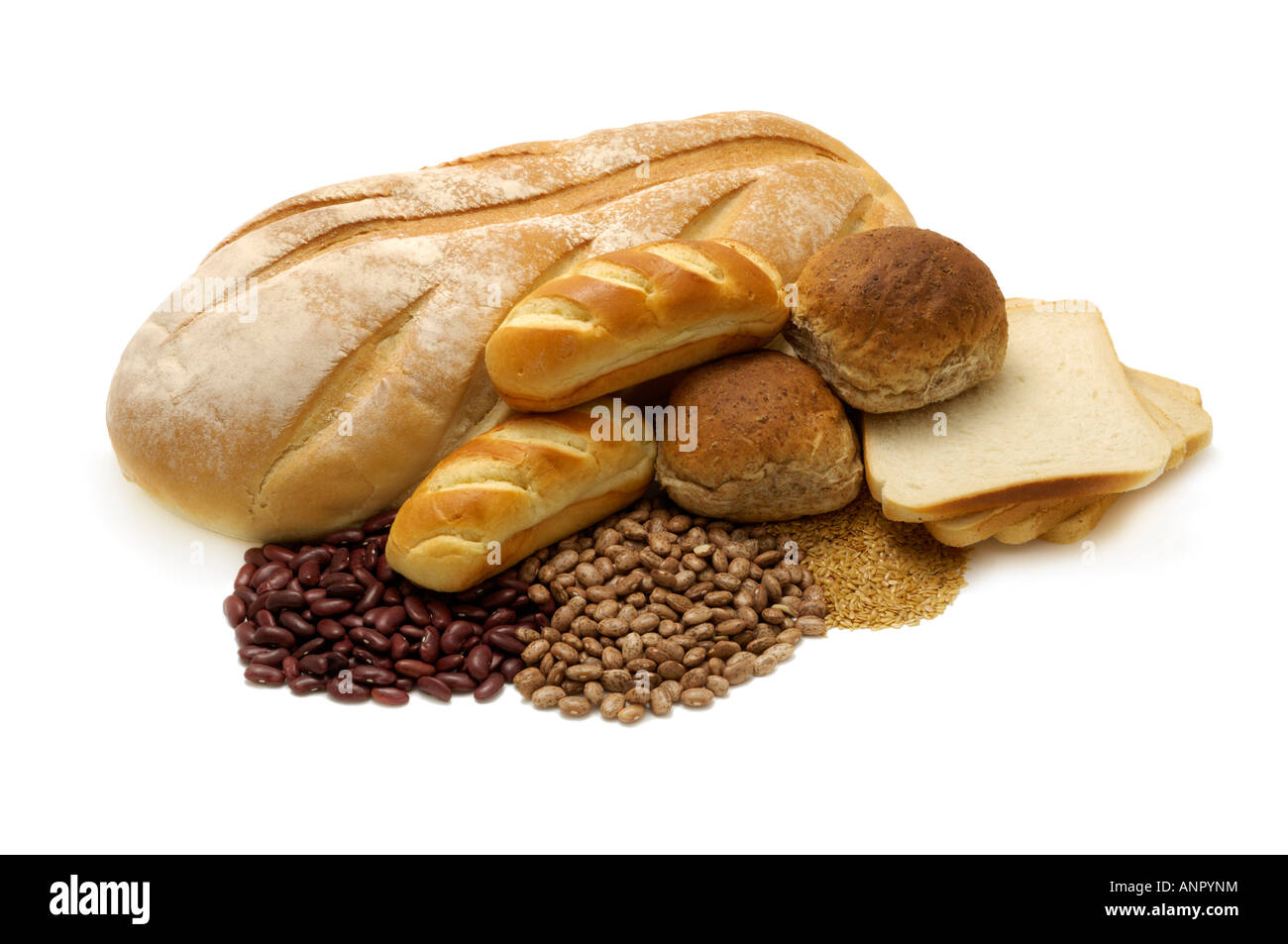 Carbohidratos proteínas concepto pan legumbres gramos de semillas granos de cereales Foto de stock
