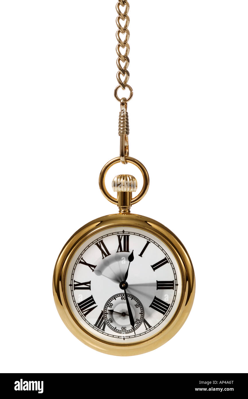 Reloj de bolsillo de oro con el desenfoque de movimiento en las manos para transmitir el paso del tiempo Foto de stock