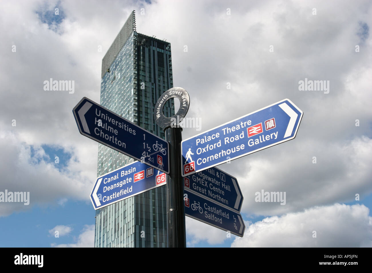 Cartel de la calle con el Hilton Tower Beetham Tower en Manchester, RU de fondo Foto de stock