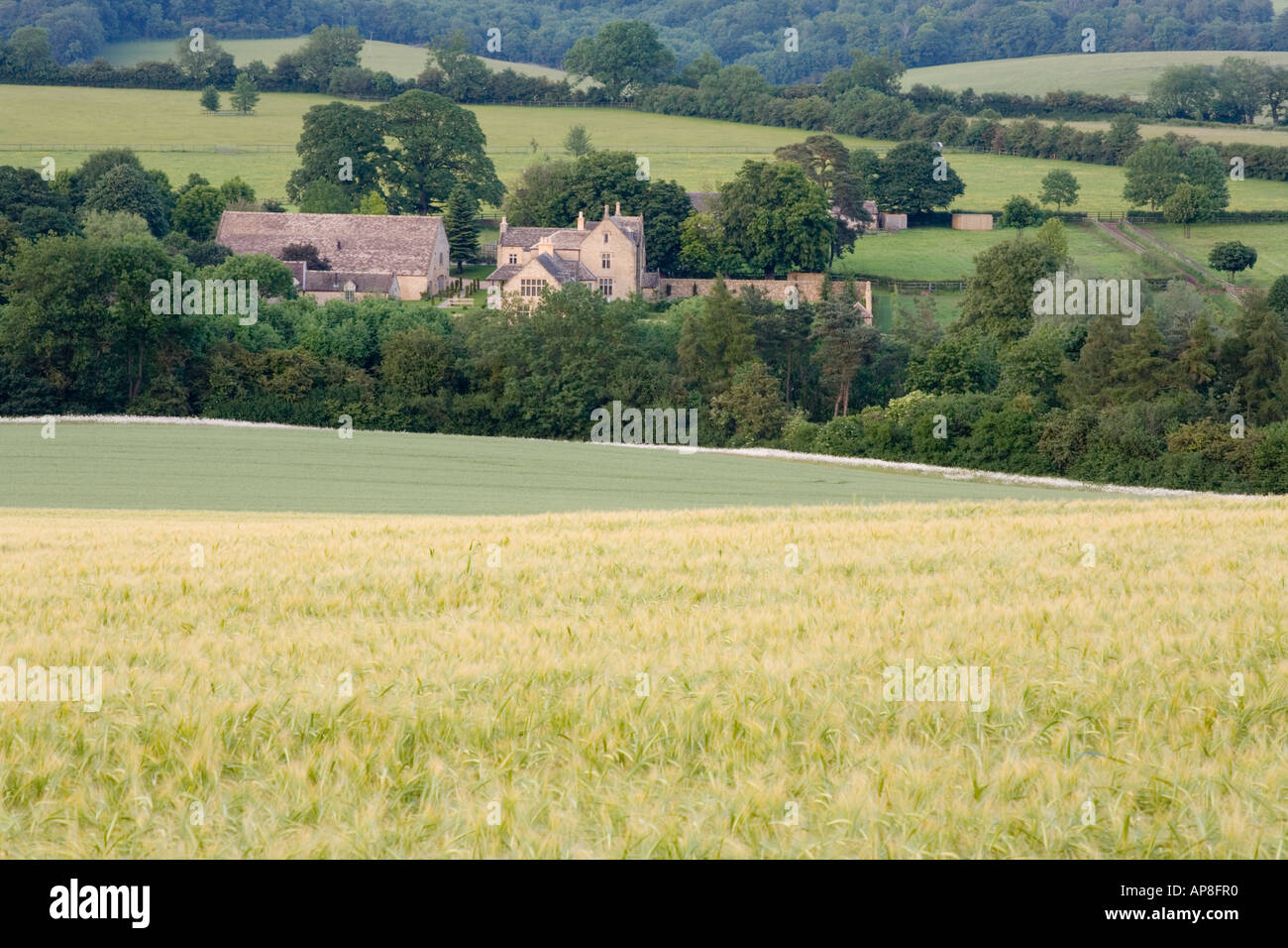 A última hora de la tarde la luz del sol cayendo sobre la alquería de Castlett Cotswold Farm cerca de poder Guiting, Gloucestershire Foto de stock