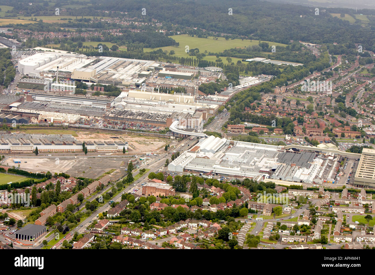 Vista aérea de la fábrica de automóviles de MG Rover Longbridge, Birmingham, Reino Unido Foto de stock