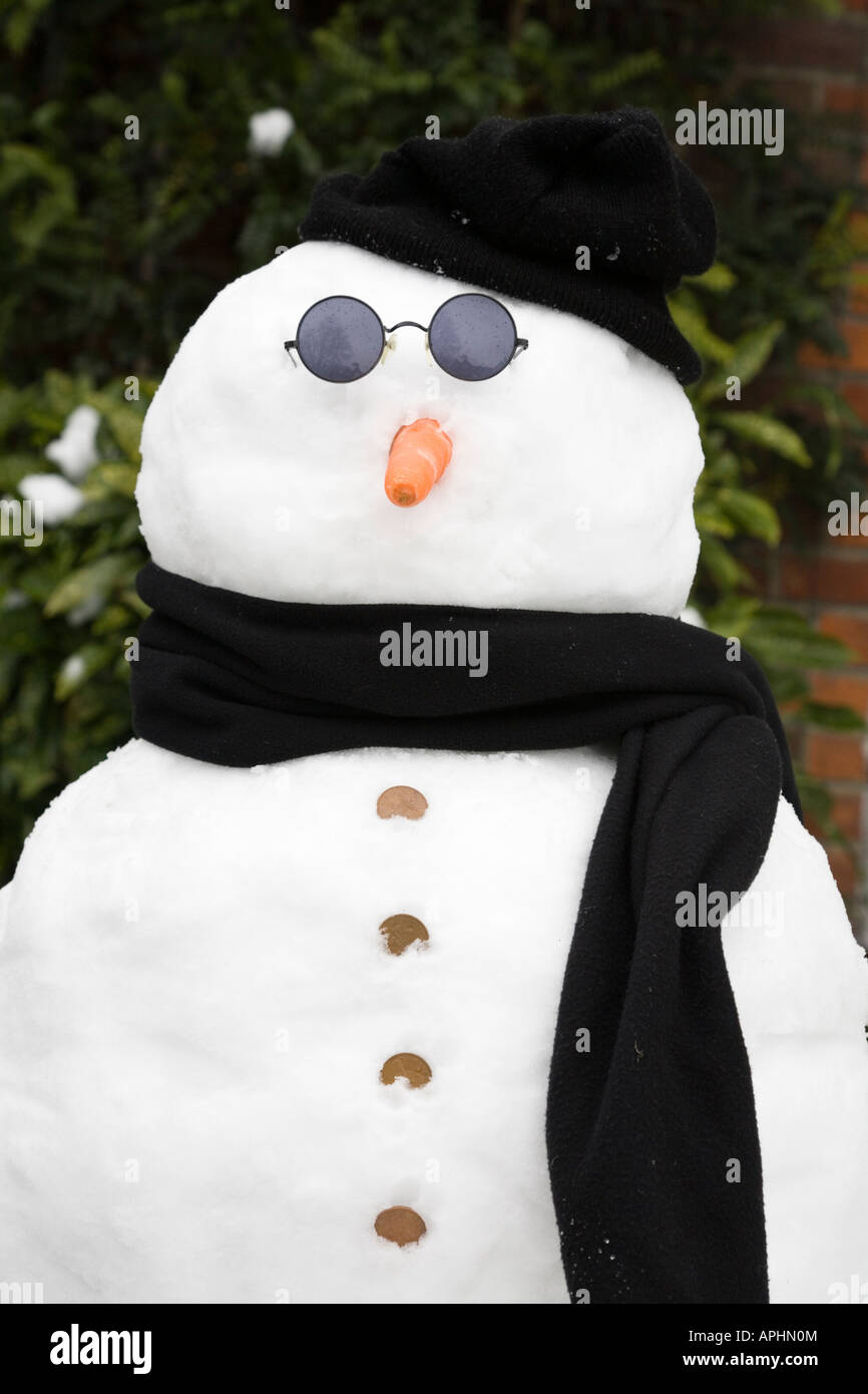 Muñeco de nieve real con gafas de sol, sombrero y bufanda Fotografía de  stock - Alamy