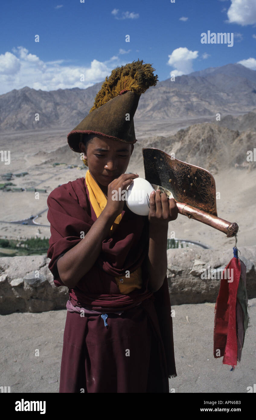 Monje novicio golpes de bocina Tikse Gompa cerca de Leh en la meseta tibetana estado indio de Ladakh Foto de stock