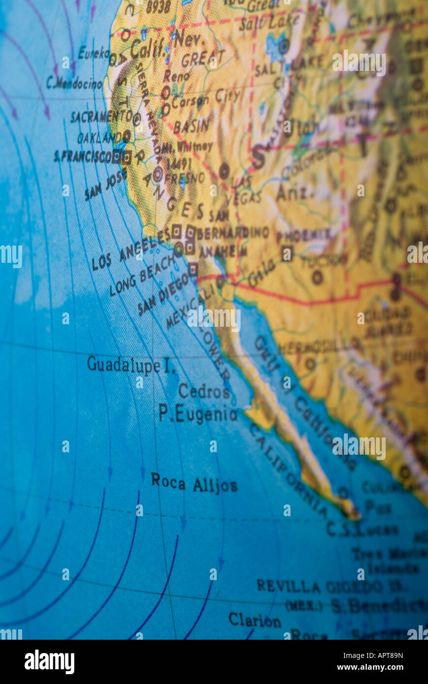 Imagen de un mapa que muestra la costa oeste de América Foto de stock