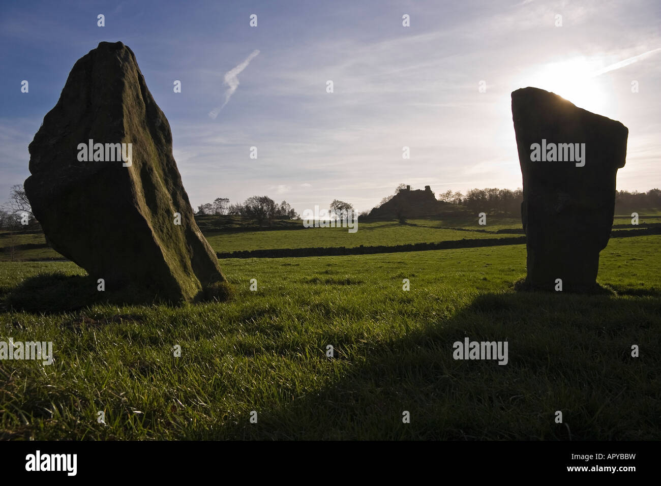 Nueve piedras cerca del círculo de piedra y Robin Hood's Stride, Harthill Moor, Peak District, Derbyshire Foto de stock