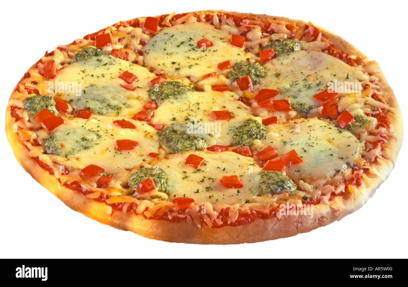 Cuatro quesos con pesto pizza cortada Foto de stock