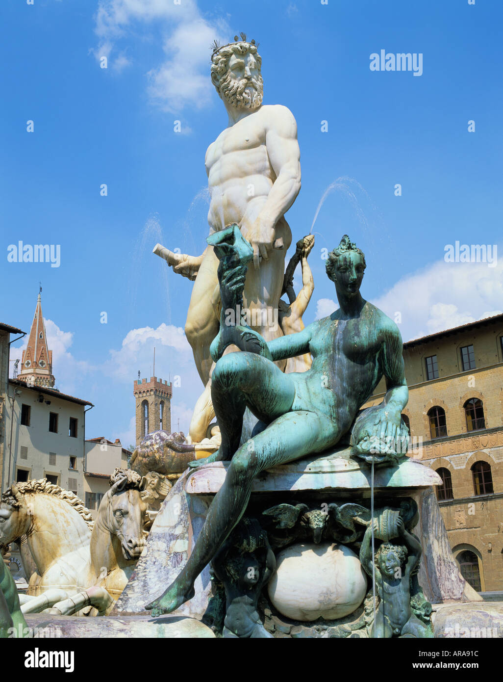 Italia Toscana Florencia Fuente de Neptuno, en Piazza della Signoria Foto de stock