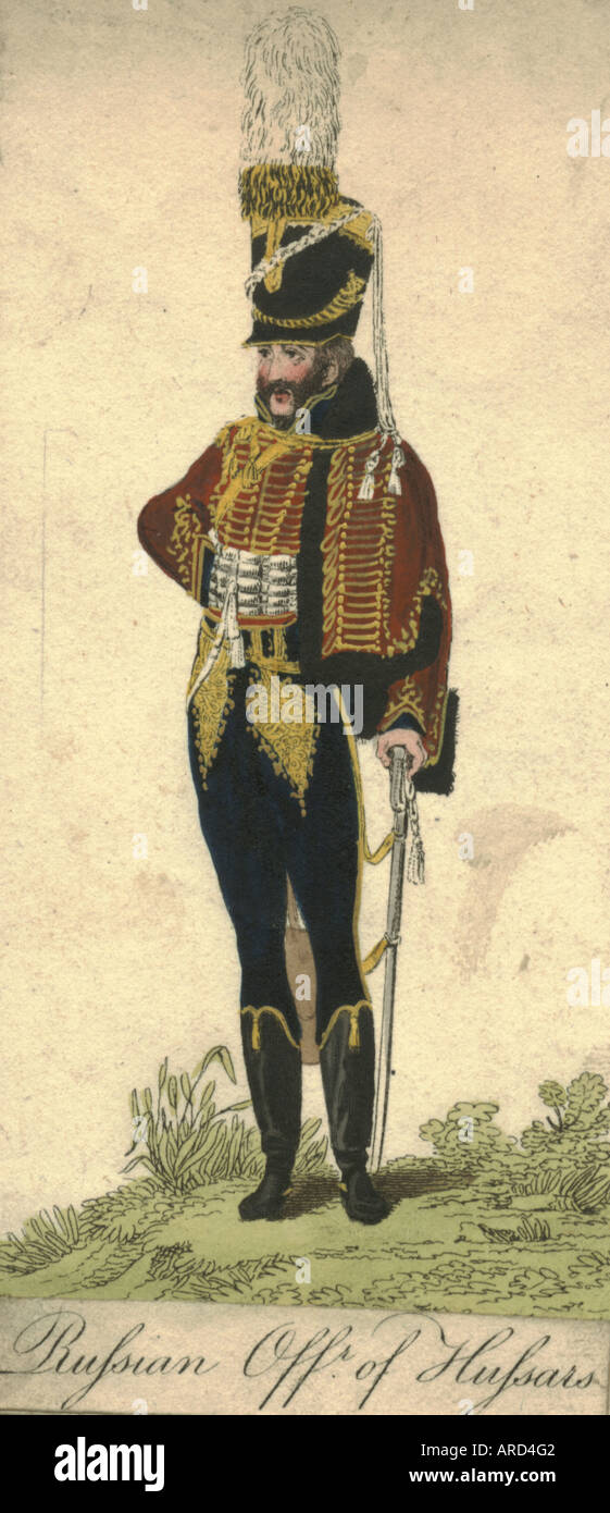 Coloreado a mano de impresión oficial ruso de hussars 1862 Foto de stock