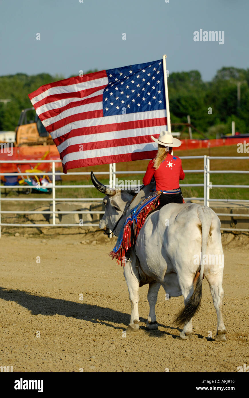 Cowgirl hembra monta un toro brama llevando la bandera en la ceremonia que precede a un rodeo Foto de stock