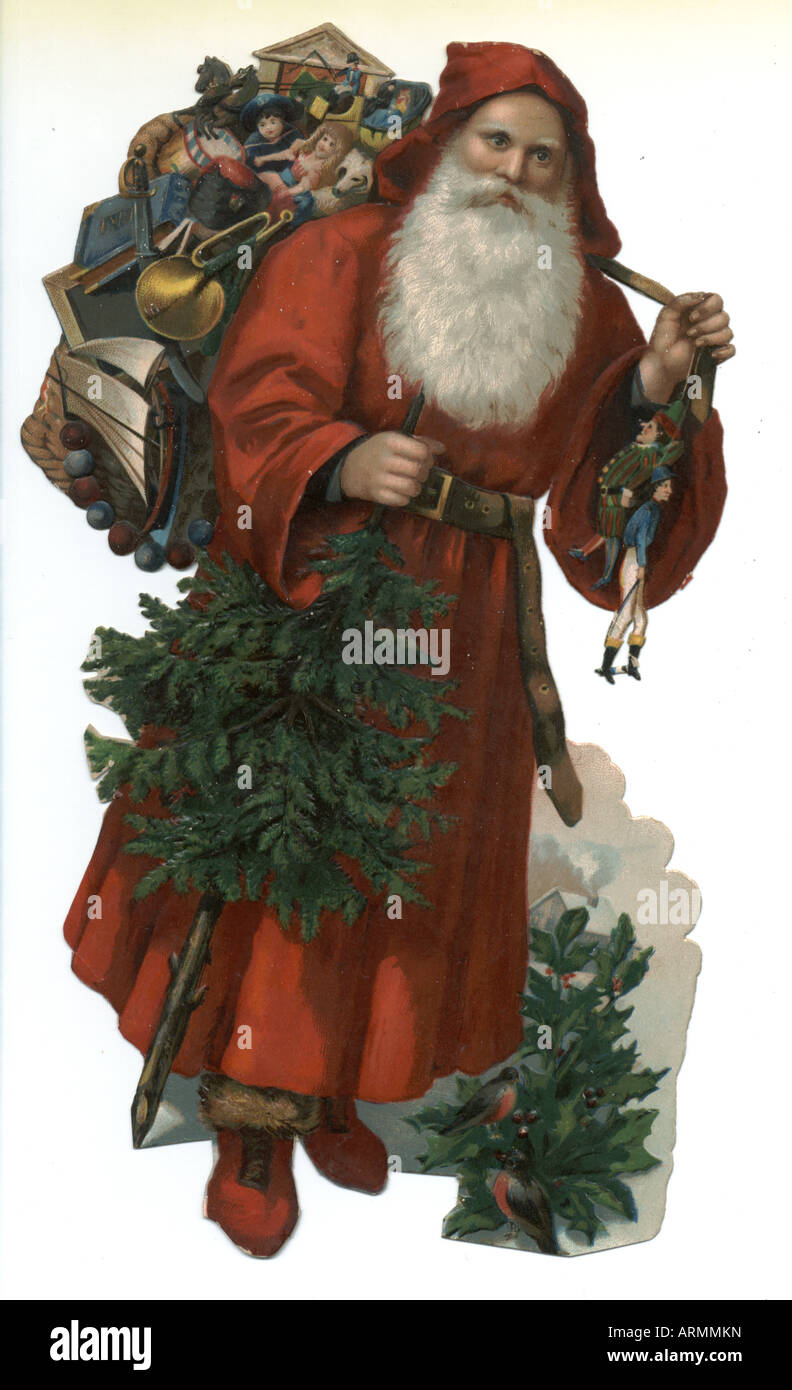 Troquel Chromolithographed chatarra de Papá Noel con el saco de juguetes y árbol Foto de stock