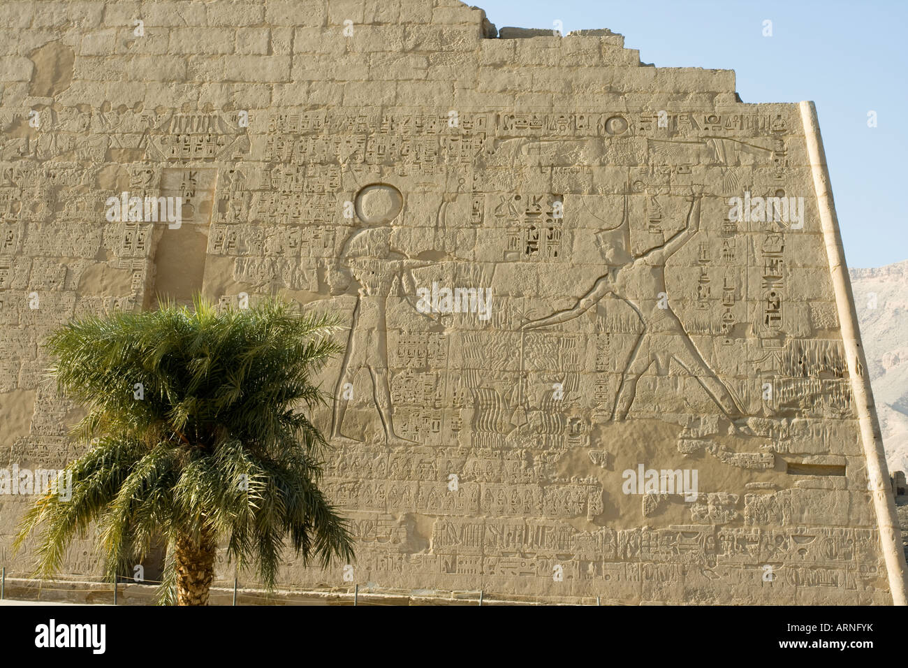 Retrato de faraón y dios Amon Ra en la entrada del templo de Medinat Habu en Luxor orilla occidental del valle del Nilo Egipto Foto de stock