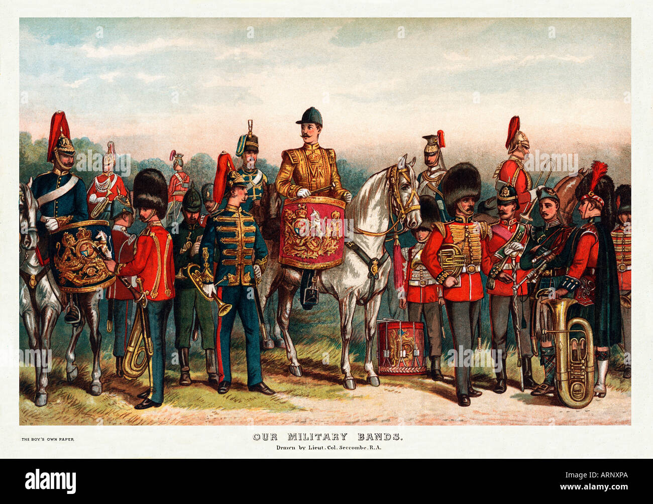 Las bandas militares de victoriano de impresión bandsmen del ejército británico por el Teniente Coronel Seccombe Foto de stock