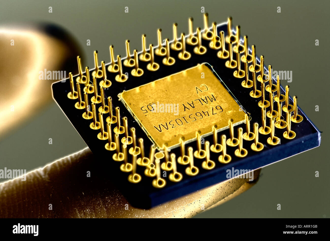 Diminuto chip procesador de equipo equilibrado a punta de dedo humano Foto de stock