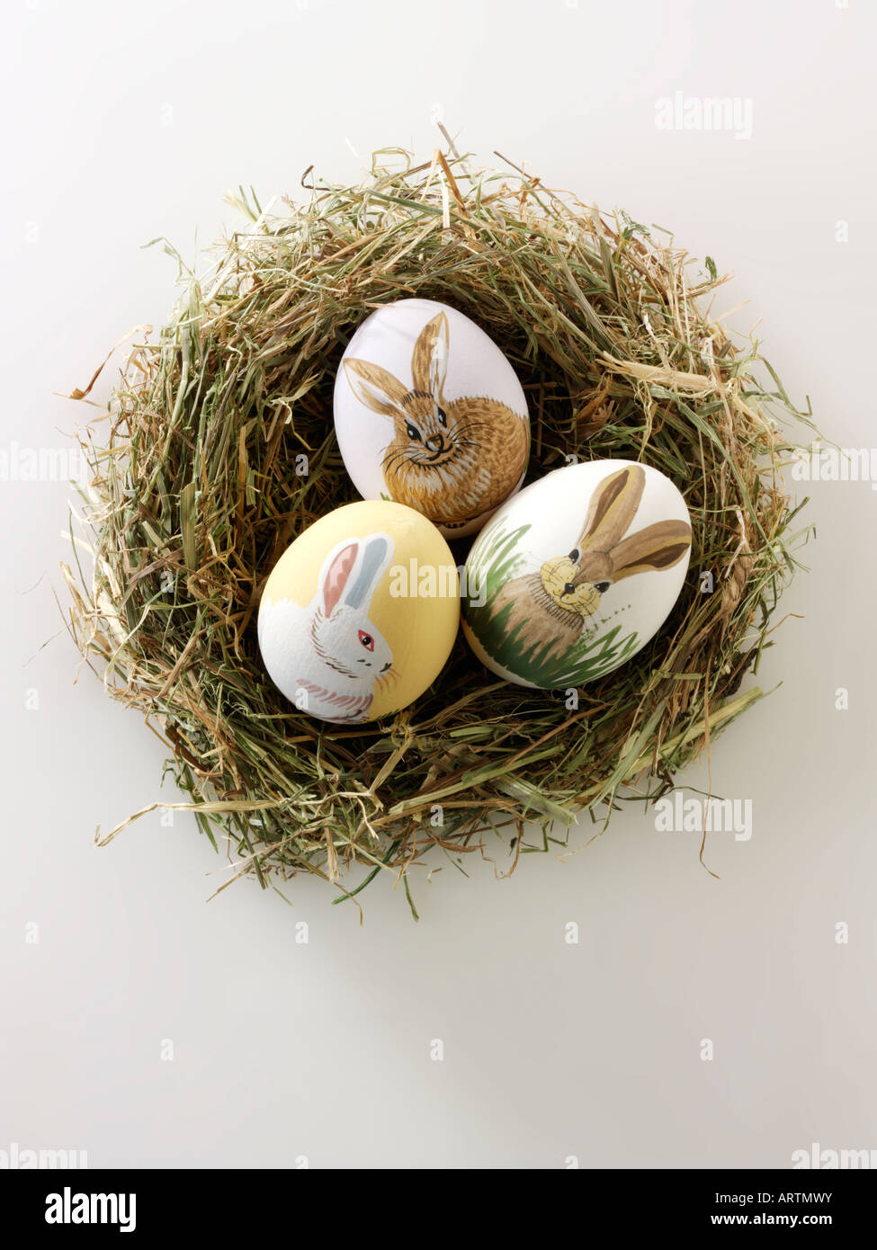 Pintado tradicional Pascua huevo de pollo en un nido de aves de paja - concepto de decoración Foto de stock
