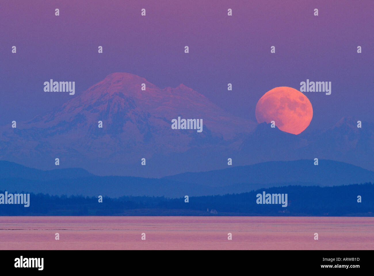 Mt Baker y full moon rising visto desde Victoria British Columbia Foto de stock