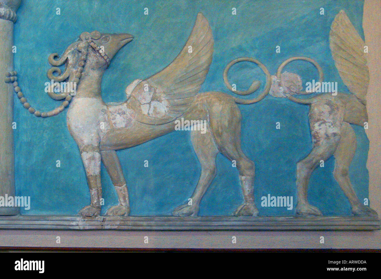 El griego antiguo fresco de Flying Horse, en el museo de Iraklion minoico de Knossos en Creta Grecia Europa Foto de stock