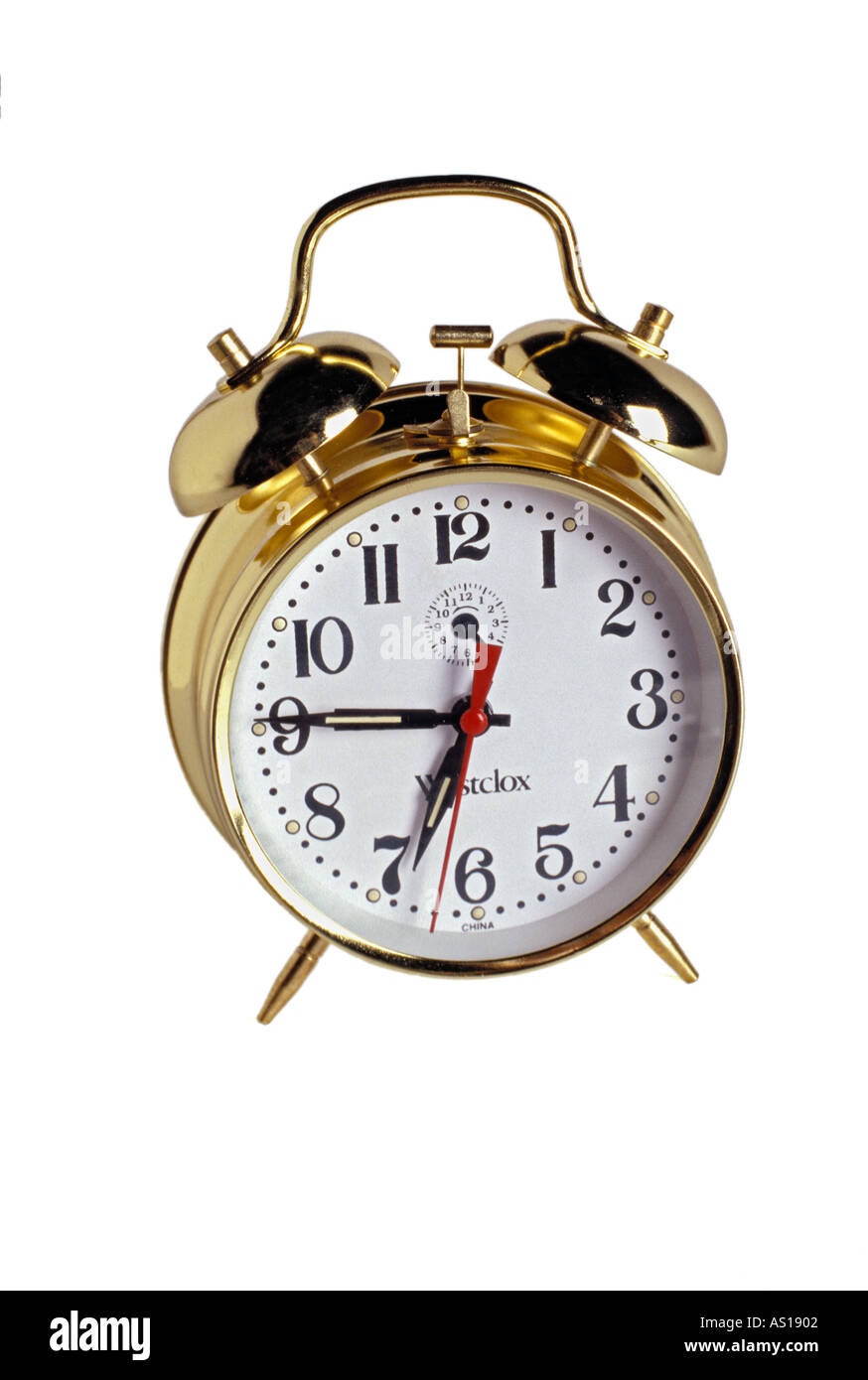 Reloj alarma siluetas sobre fondo blanco. Foto de stock