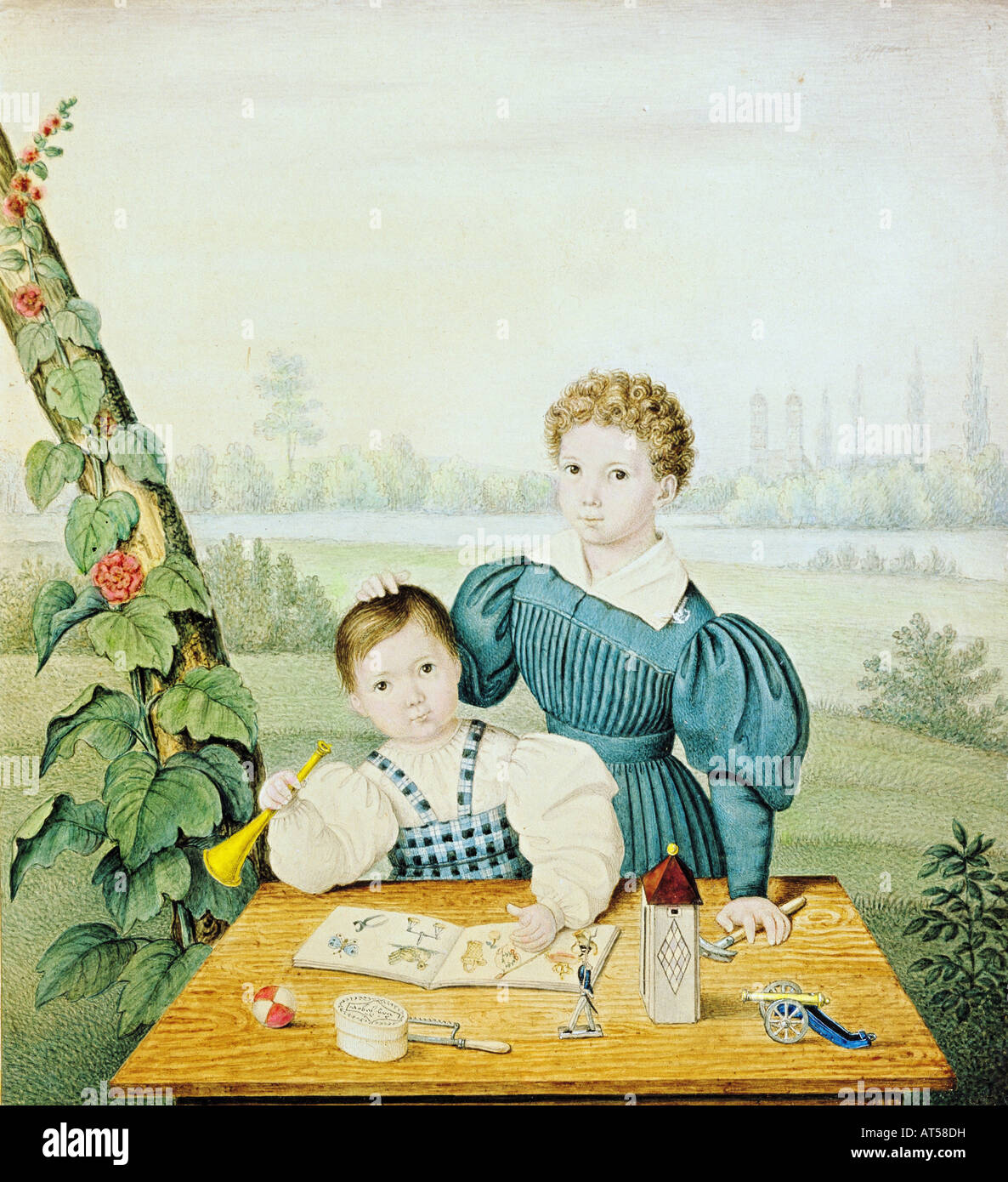 Bellas artes, realismo, pintura, dos niños jugando en una mesa, artista desconocido, circa 1835, acuarela sobre lápiz, Stadtmuseum, Munich, , Copyright del artista no ha de ser borrado Foto de stock