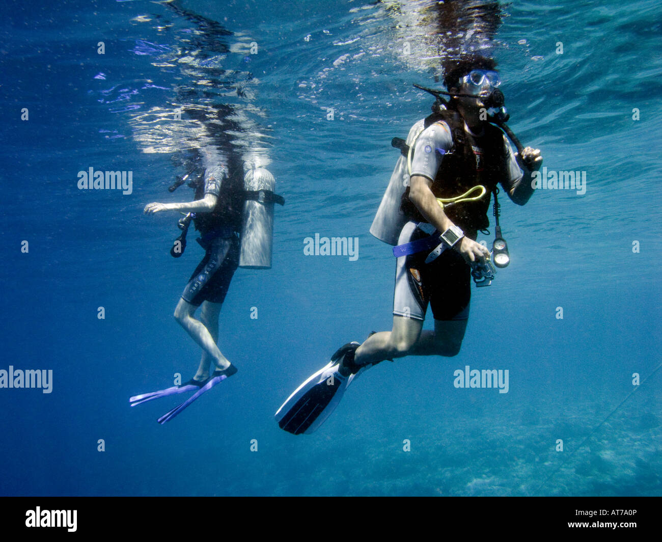 Maldivas buzos regresan a la superficie después de bucear Foto de stock