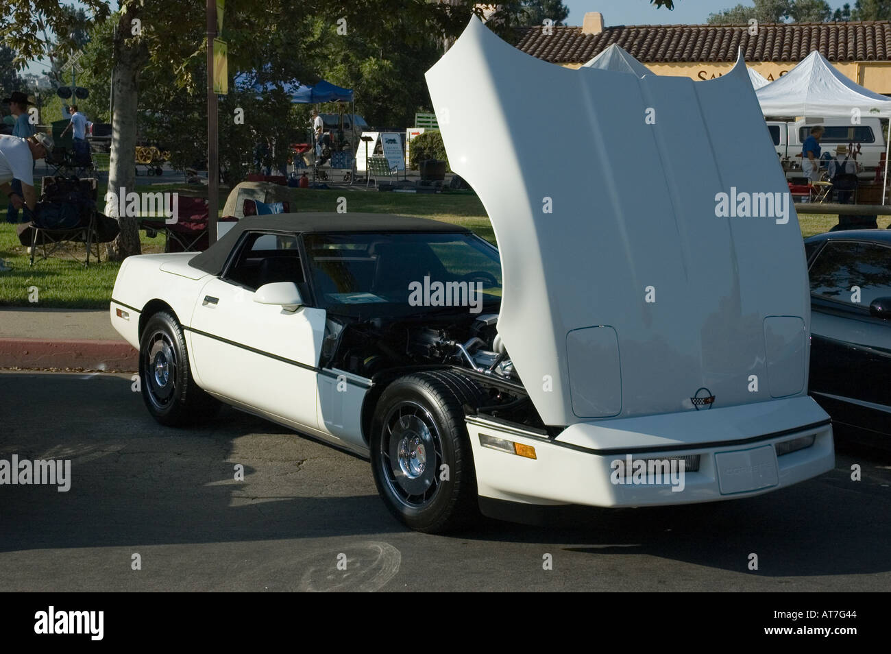 los-angeles-california-car-show-antique-personalizada-corvette-convertible-blanco-negro-arriba-abrir-el-capo-at7g44.jpg