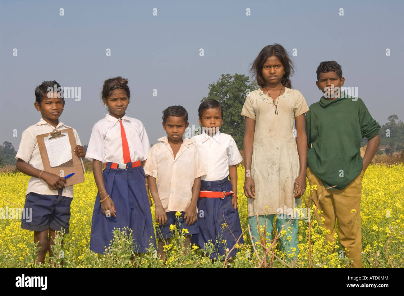 Niños indios en un campo de mostaza Foto de stock