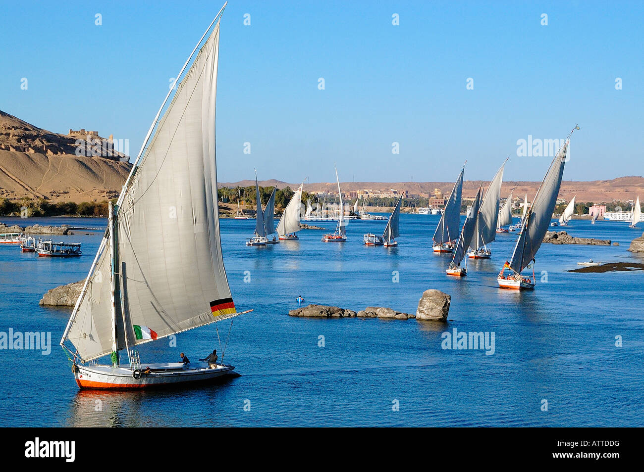 Muchos Feluchos o barcos de vela, vela en el exótico Río Nilo para llevar a los turistas y al vaivén de la isla de Kitchener, Asuán, Egipto Foto de stock