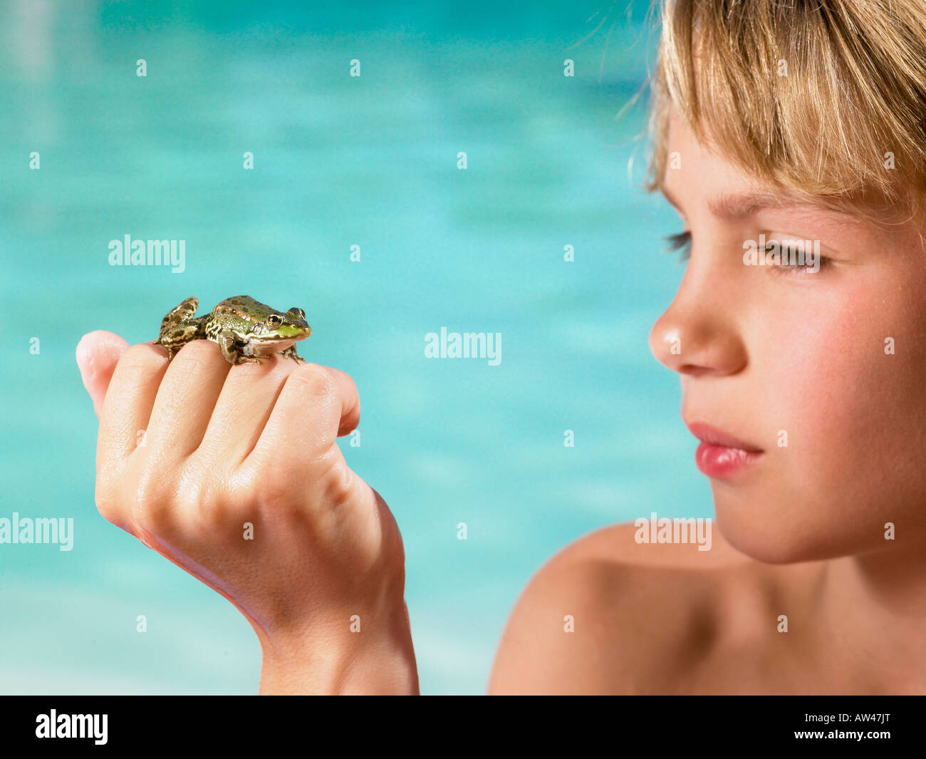 Niño sosteniendo una rana en su mano. Foto de stock
