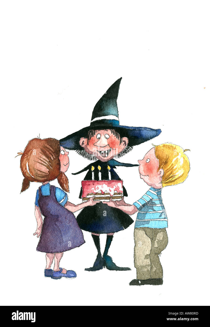 Dos niños presentando una tarta de cumpleaños a una bruja Fotografía de  stock - Alamy