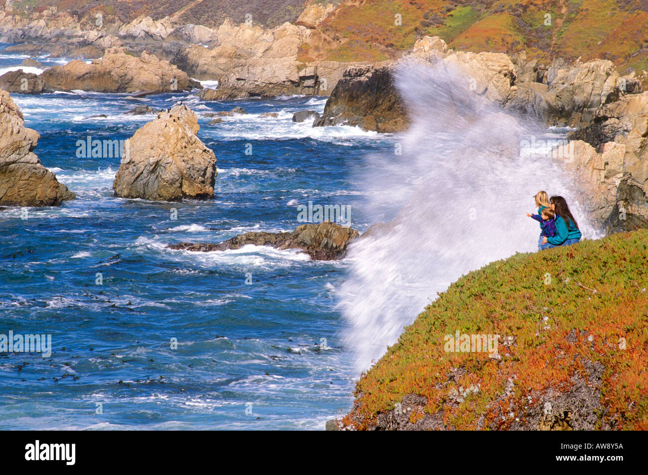 La madre y los niños (edades de 5 y 2), viendo grandes olas desde un acantilado en la costa del Pacífico de California Big Sur Foto de stock