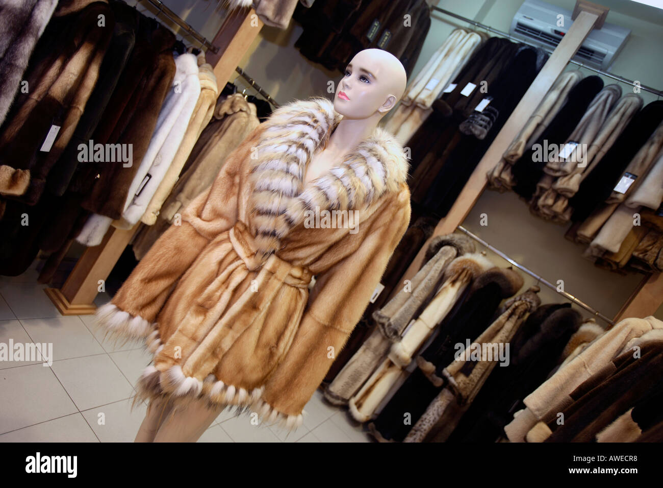 Grecia continental de Kassandra de Halkidiki interior de tienda que vende abrigos de piel Foto de stock