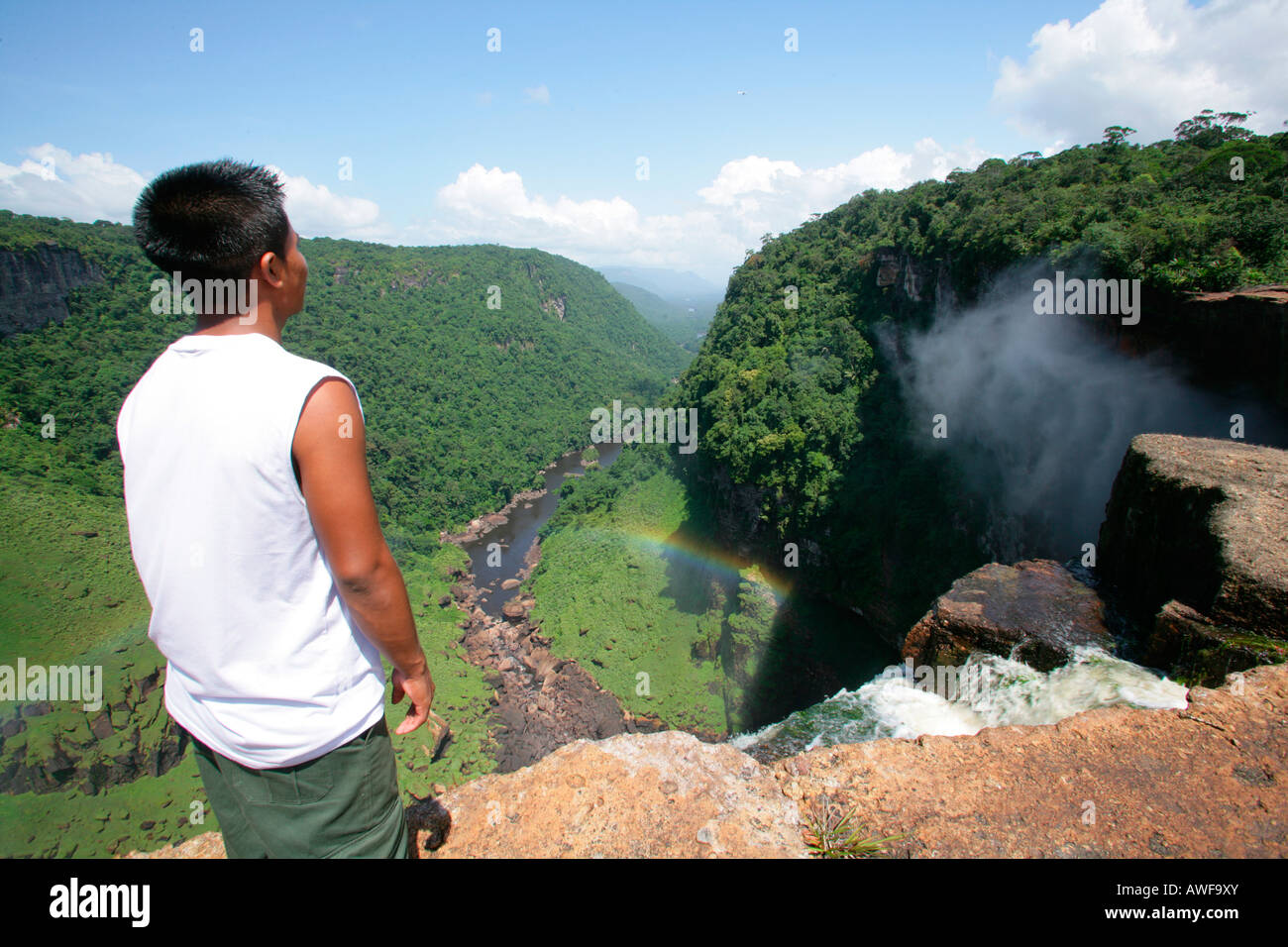 Visitante viendo Kaieteur cascadas, Parque Nacional Potaro, Guyana, Sudamérica Foto de stock