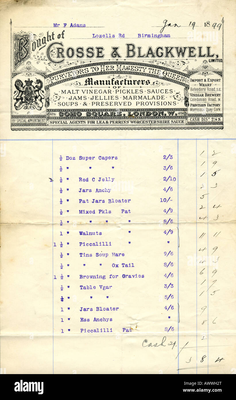 1899 1890s factura vieja victoriana con placa de cobre la partida de cruz-& Blackwell SÓLO PARA USO EDITORIAL Foto de stock