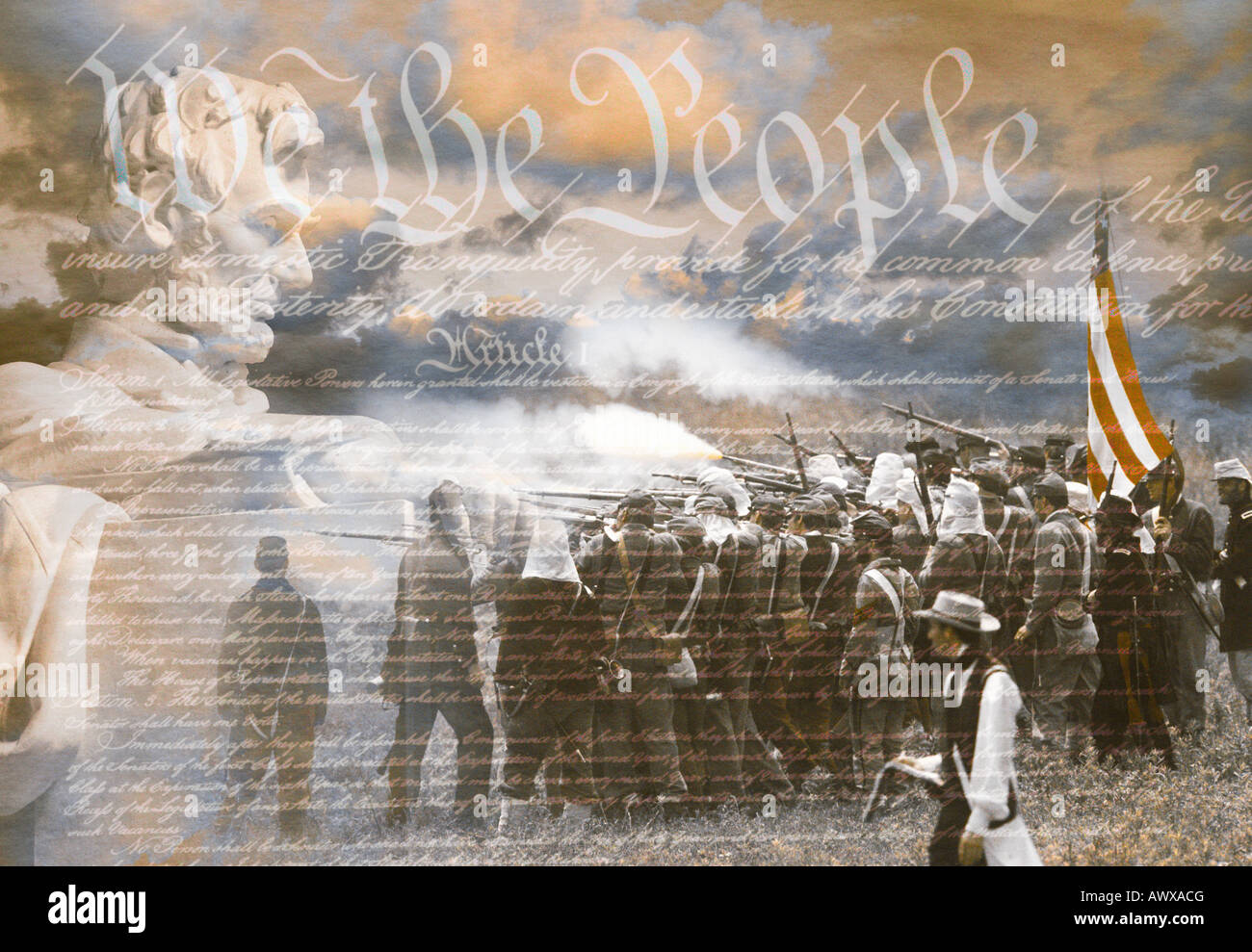 Imagen compuesta de Lincoln Memorial y los soldados de la Guerra Civil en la batalla con la Constitución de los Estados Unidos Foto de stock