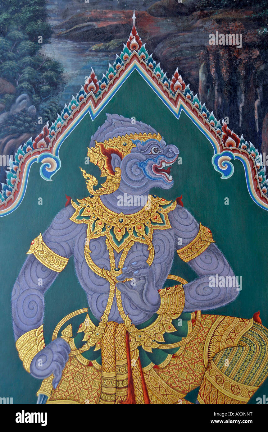 Restaurados murales (Ramakien) en el Gran Palacio el Wat Phra Kaeo (Templo del Buda de Esmeralda), Bangkok, Tailandia, el sudeste de Asia Foto de stock