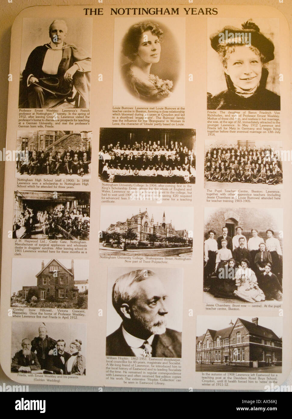 Un tablero de información acerca de los años DH Lawrence pasó en Nottingham, en el Museo Casa Natal en Eastwood Nottinghamshire UK Foto de stock