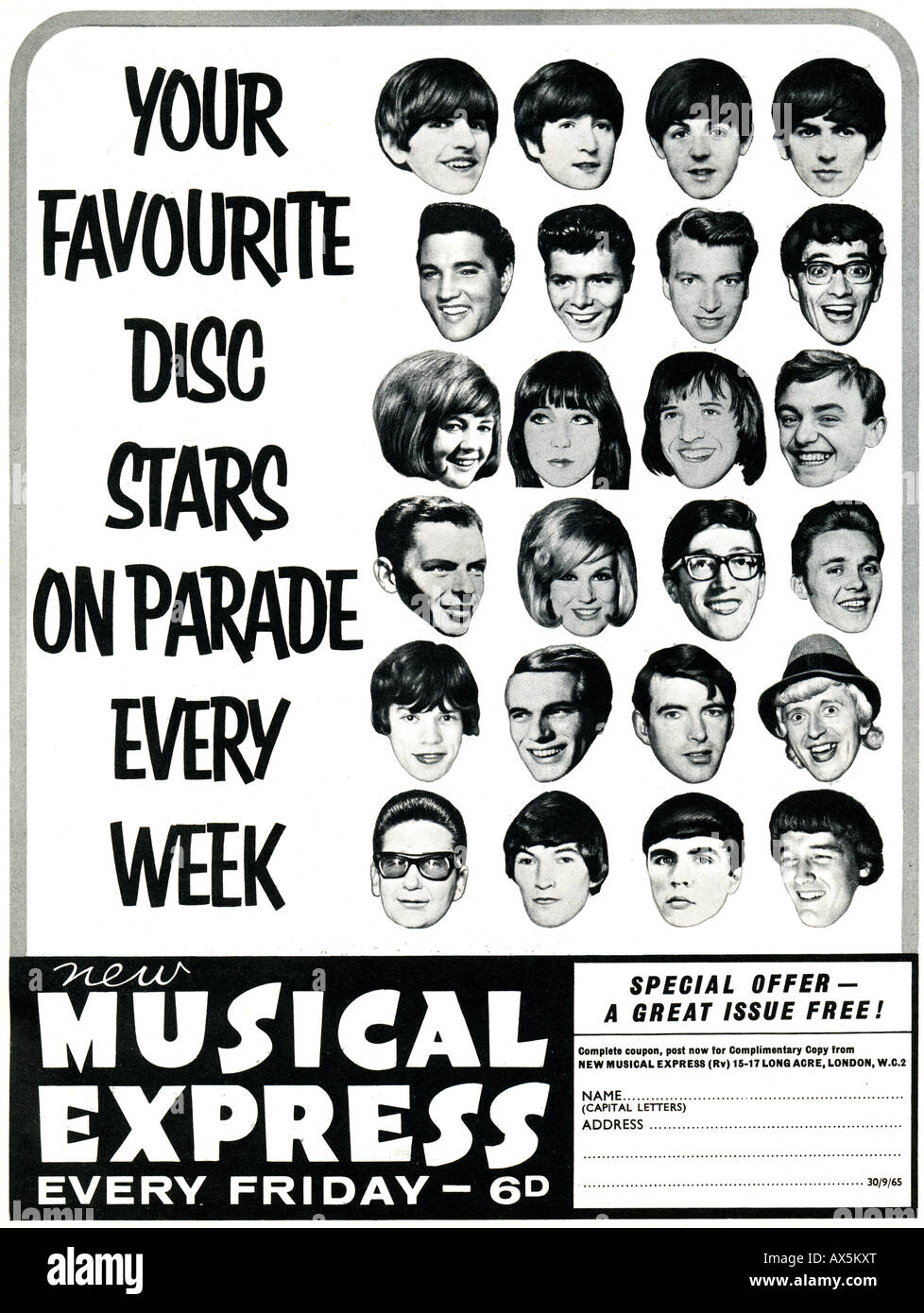1960 1960 publicidad para la revista NME New Musical Express 1965 SÓLO PARA USO EDITORIAL Foto de stock