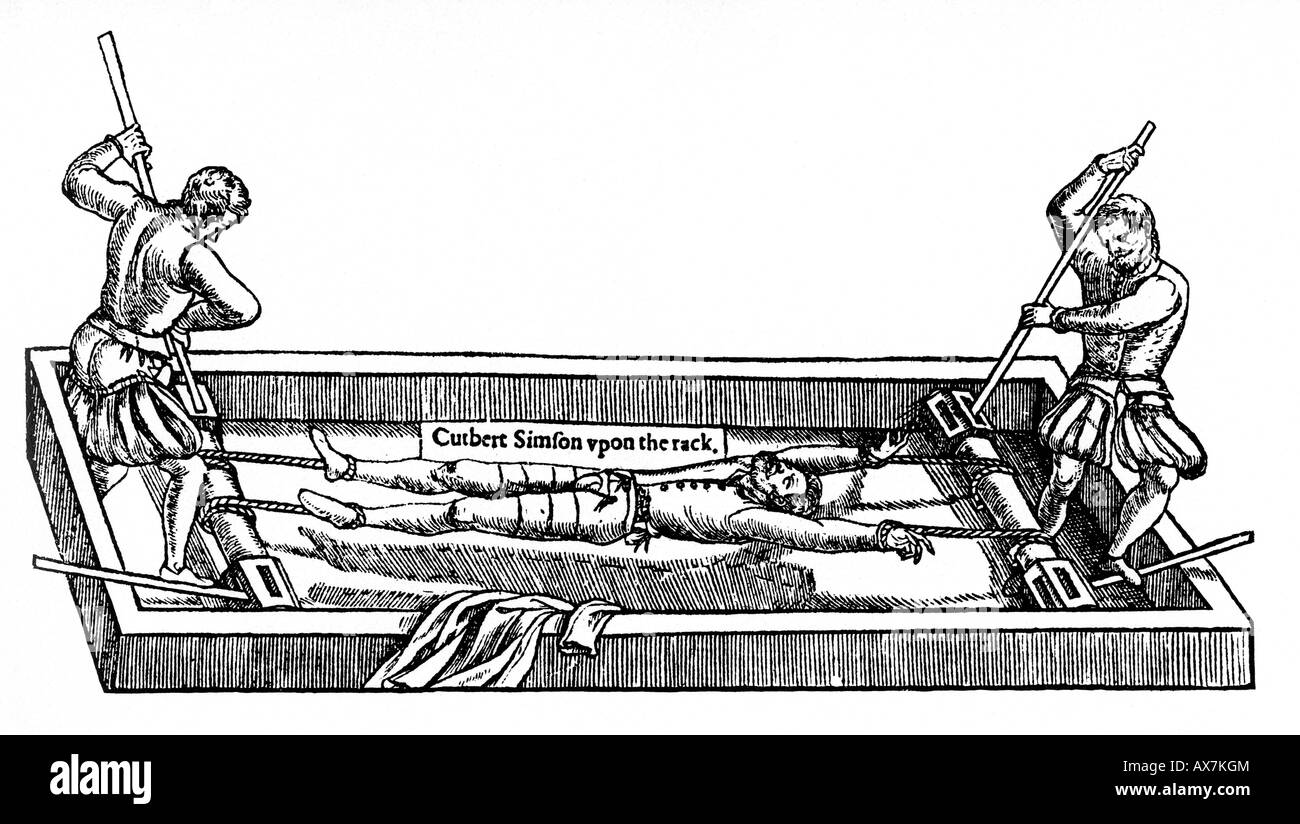 CUTHBERT SIMSON una xilografía de Foxe s Libro de mártires mostrando el diácono protestante siendo torturado - véase la descripción a continuación. Foto de stock