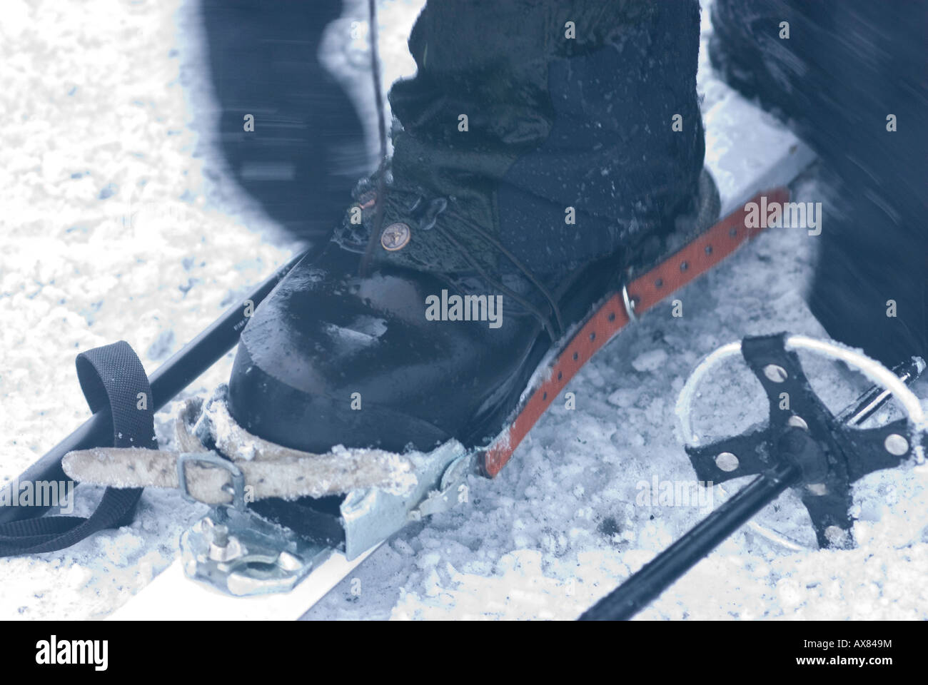 Su esfuerzo para arreglar los enlaces de esquí mojado con manos y pies fríos, con temperaturas de menos 25 C semana de supervivencia de las Fuerzas Especiales de Dinamarca Foto de stock